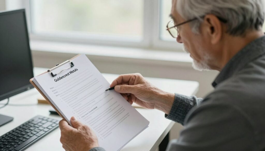 Person reviewing GoldenCrest Metals information and weighing pros and cons