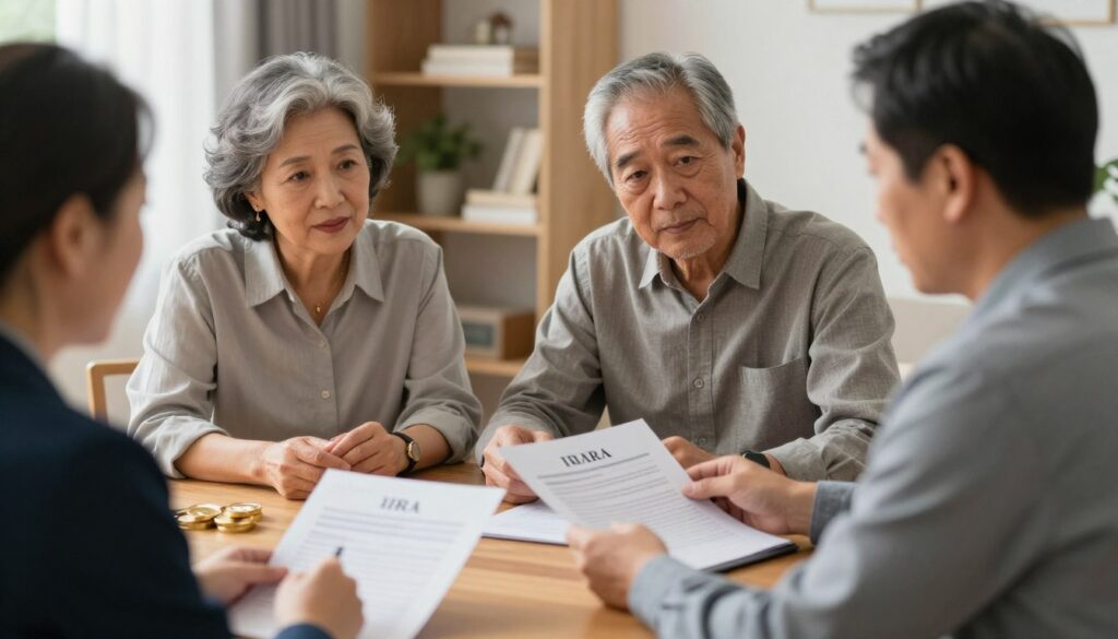 Senior couple reviewing retirement investment documents with a financial advisor